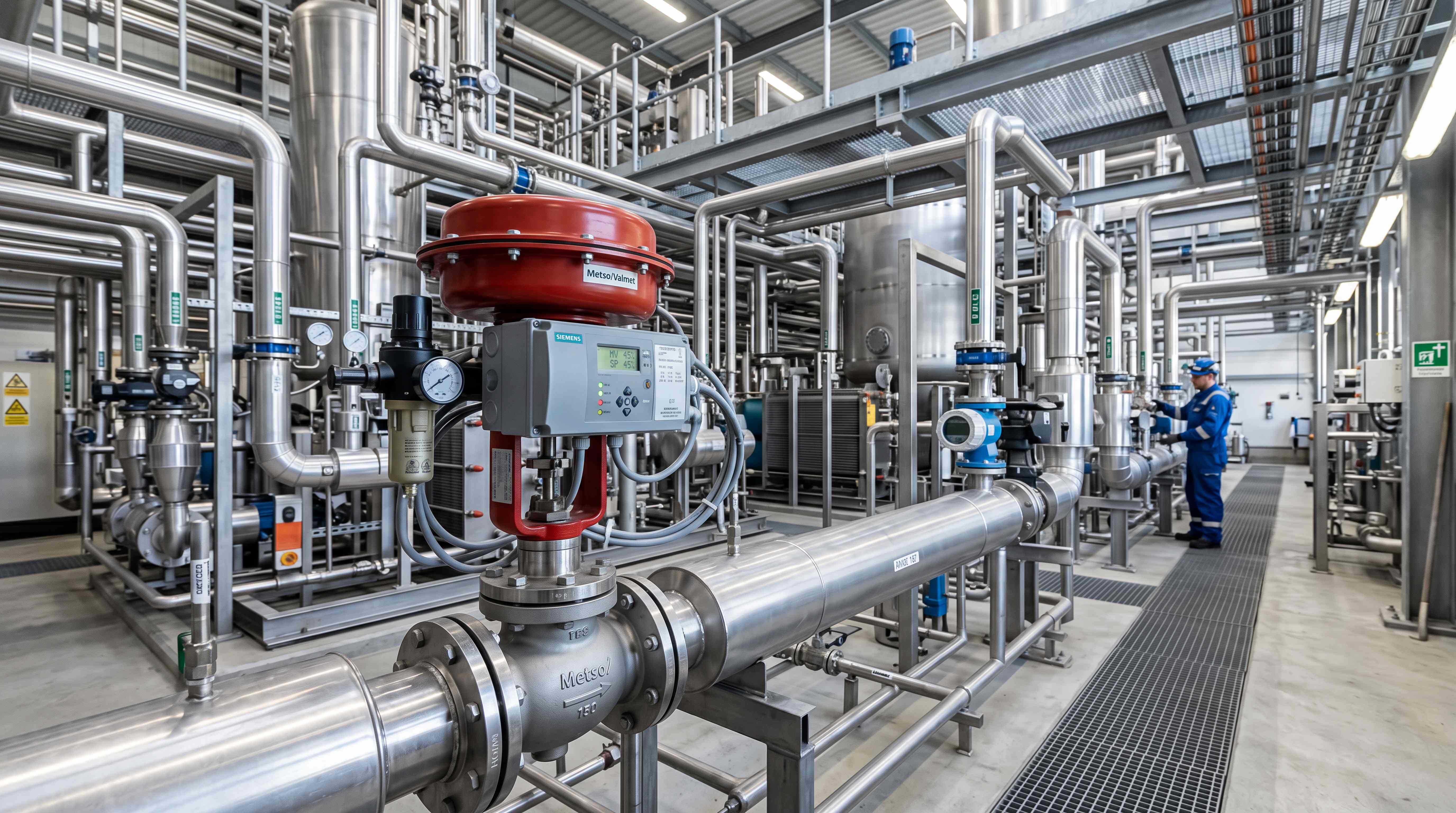 Smart valve positioner used on a pneumatic control valve in an industrial process line with piping and instrumentation
